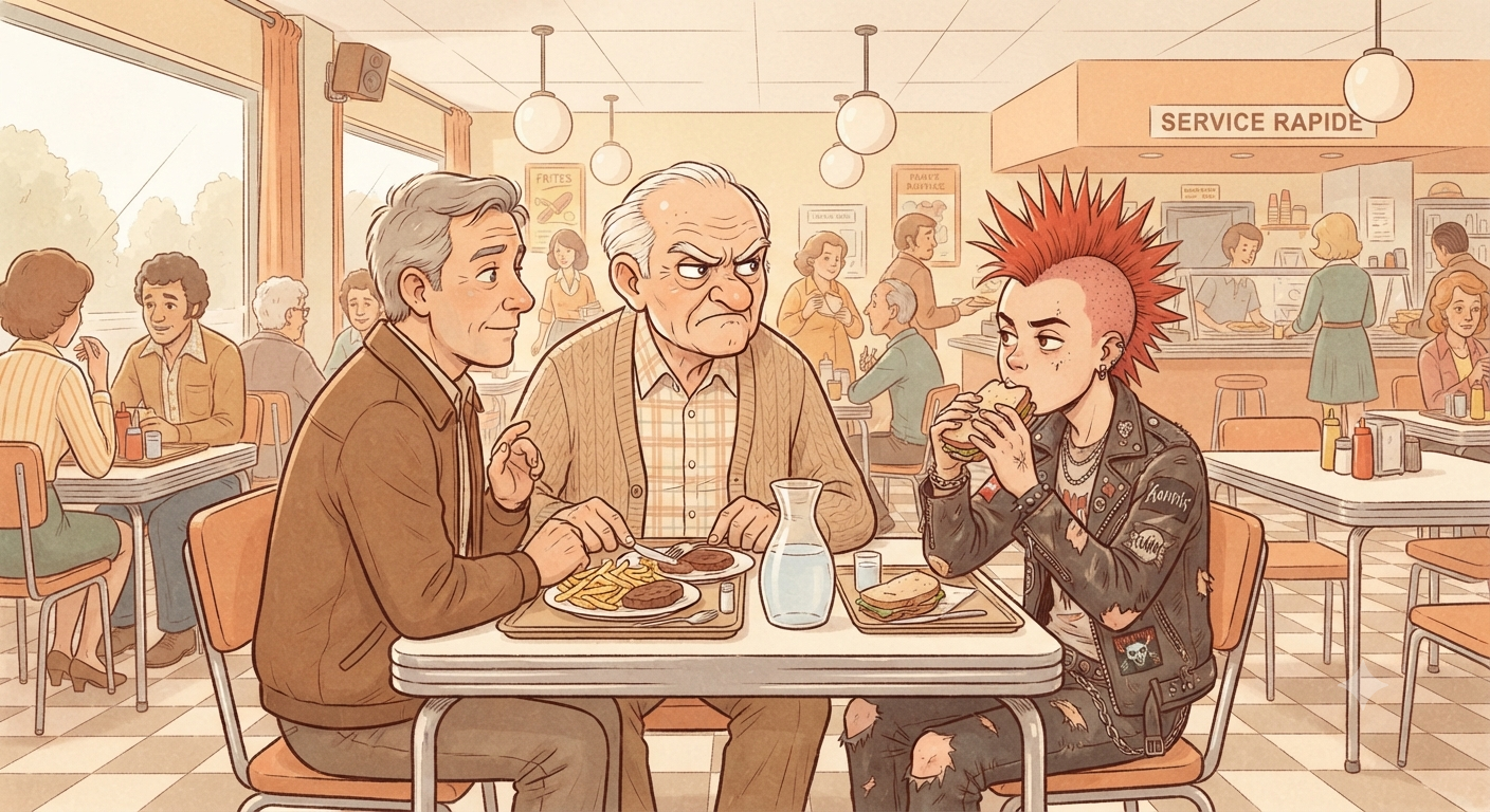 Illustration humoristique d'un père âgé et d'un jeune punk dans une cafétéria