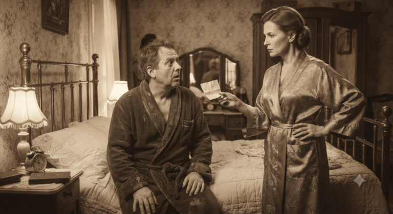Un homme en peignoir, l'air stupéfait, regarde sa femme qui lui montre un petit mot compromettant, dans une ambiance de chambre vintage.