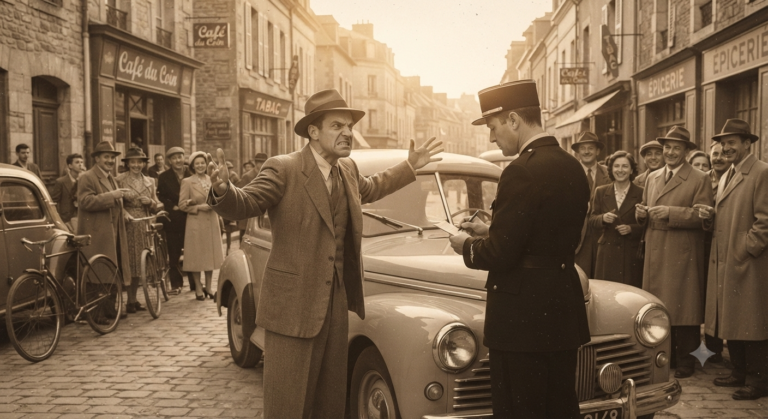 Un homme en colère gesticule face à un agent de police impassible en train de rédiger une contravention sur une voiture vintage dans une rue animée, style sépia.