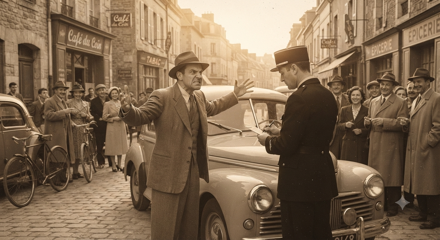 Un homme en colère gesticule face à un agent de police impassible en train de rédiger une contravention sur une voiture vintage dans une rue animée, style sépia.