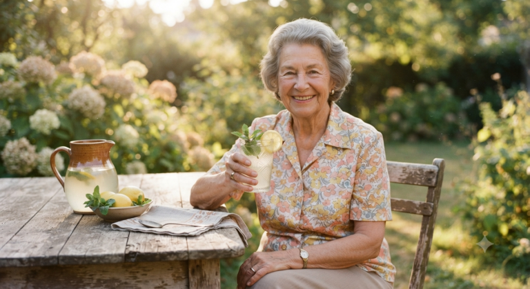 Senior souriant tenant un verre de boisson rafraîchissante traditionnelle avec des fruits frais et des herbes aromatiques, ambiance chaleureuse et bienveillante