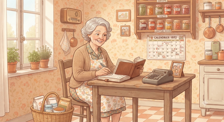 Illustration vintage d'une grand-mère avec un carnet de comptes, un calendrier et des provisions stockées, symbolisant l'anticipation face à l'inflation