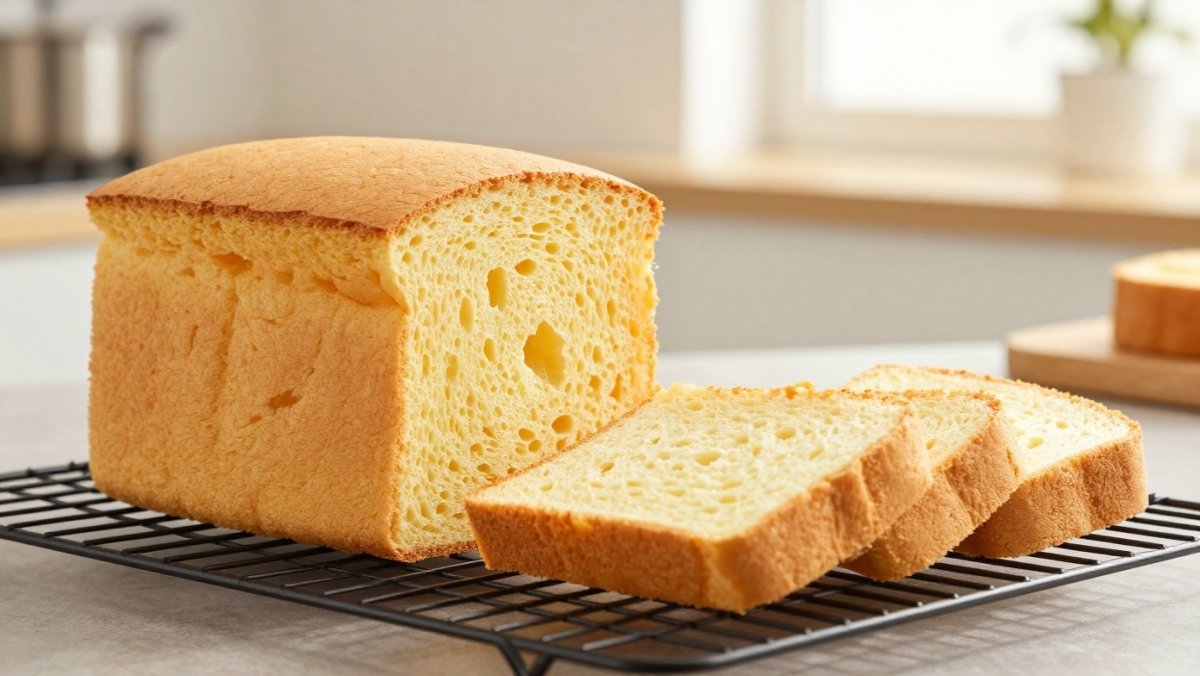 Tranches de génoise aérienne et légère sur fond de cuisine pâtissière