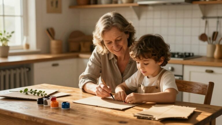 Grand-mère et petit-enfant souriants partageant un moment de complicité autour d'une activité manuelle créative et sans écran pendant les vacances scolaires.