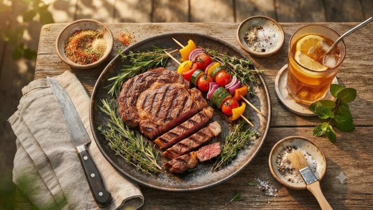 Table de jardin rustique avec une pièce de viande grillée, brochettes de légumes colorés, herbes fraîches et épices pour un barbecue d'été savoureux.