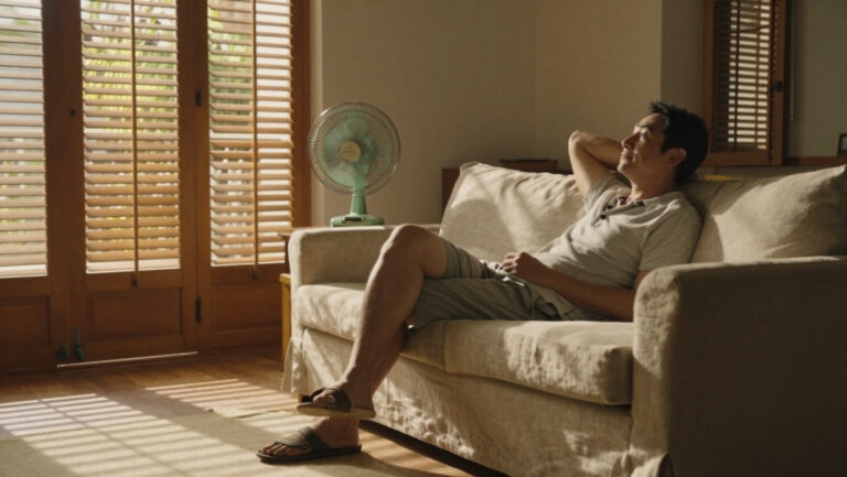 Un homme allongé sur le carrelage en pleine canicule humour pour illustrer la chaleur intense à la maison