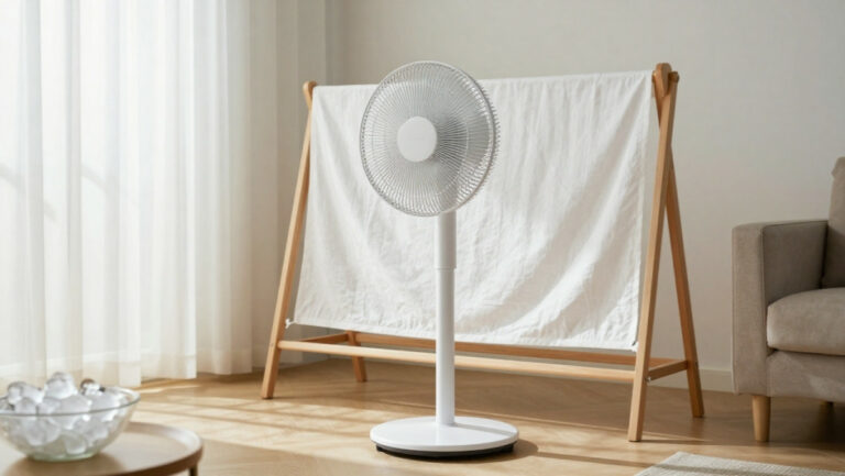 Astuce du drap mouillé devant un ventilateur : linge en lin humide sur un étendoir placé en toute sécurité derrière l'appareil pour rafraîchir l'air par évaporation