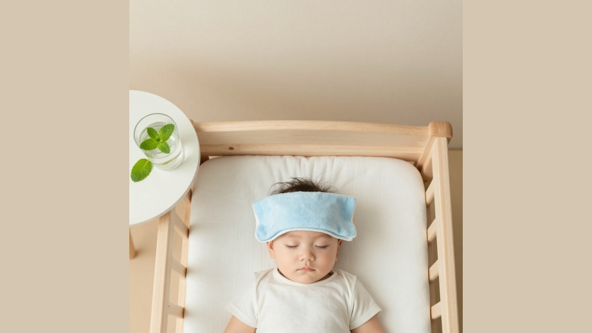 Protéger bébé de la chaleur : compresse d'eau tiède sur le front, draps en lin et ventilation douce pour un sommeil paisible