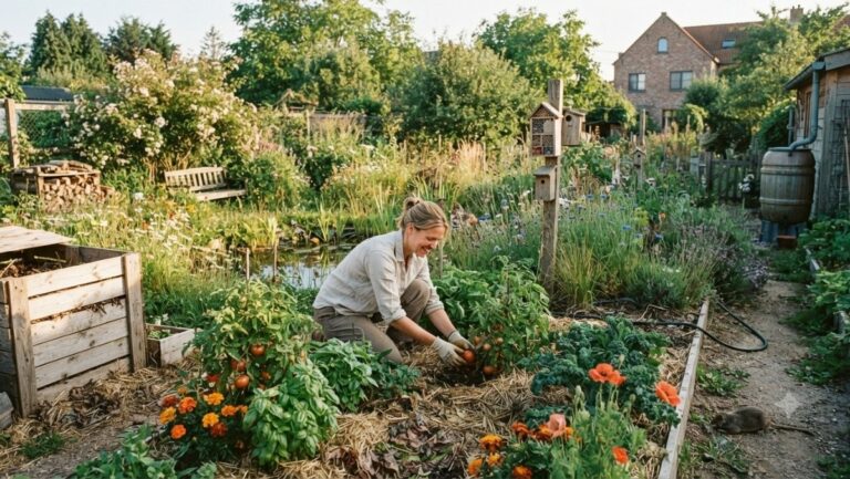 Une femme jardinière souriante accroupie dans un jardin potager biologique et diversifié au soleil couchant. Elle récolte une tomate mûre. L'espace est riche en biodiversité avec un bac à compost en bois à gauche, des fleurs indigènes (coquelicots, bleuets), des hôtels à insectes, une petite mare, un récupérateur d'eau de pluie et une maison en arrière-plan. Le sol est recouvert de paillis de paille. Photographie réaliste à la lumière dorée.