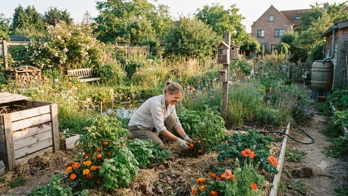 Une femme jardinière souriante accroupie dans un jardin potager biologique et diversifié au soleil couchant. Elle récolte une tomate mûre. L'espace est riche en biodiversité avec un bac à compost en bois à gauche, des fleurs indigènes (coquelicots, bleuets), des hôtels à insectes, une petite mare, un récupérateur d'eau de pluie et une maison en arrière-plan. Le sol est recouvert de paillis de paille. Photographie réaliste à la lumière dorée.