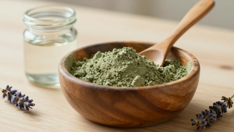 Bol en bois rempli d'argile verte naturelle en poudre avec une cuillère en bois, illustrant un soin beauté fait maison pour le visage