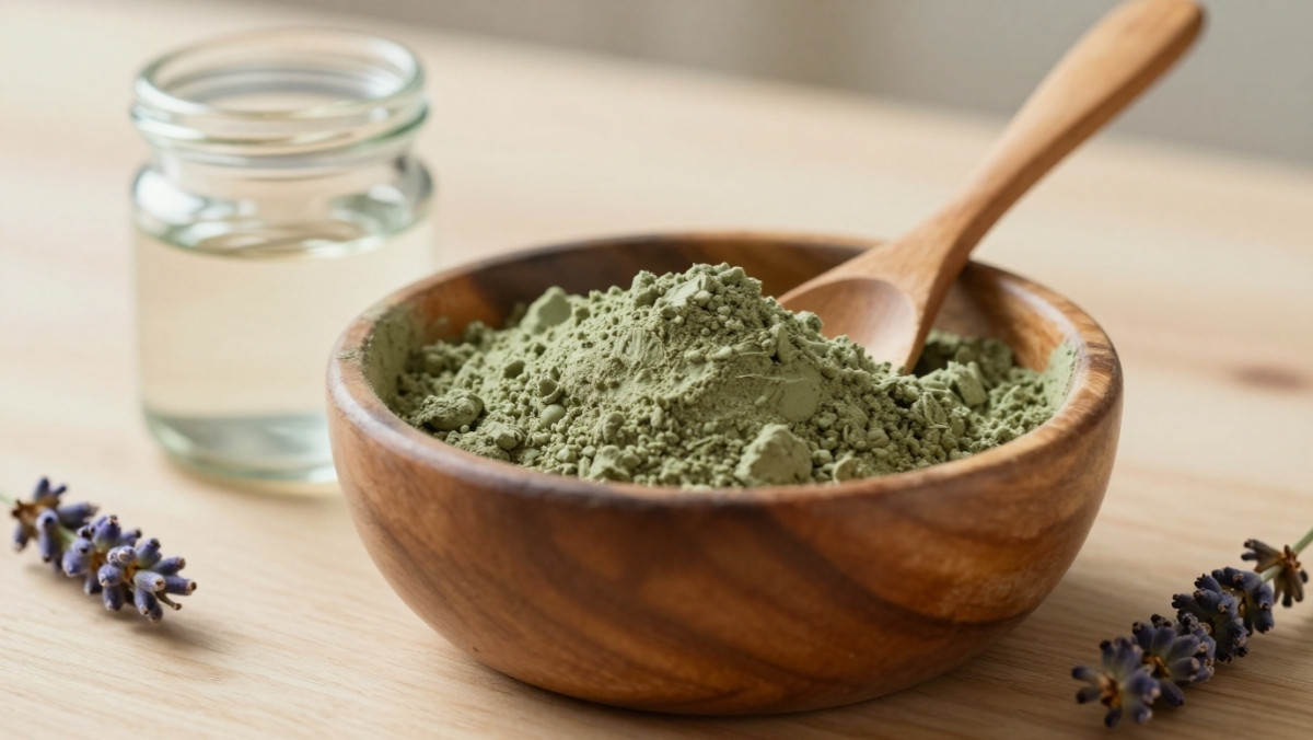Bol en bois rempli d'argile verte naturelle en poudre avec une cuillère en bois, illustrant un soin beauté fait maison pour le visage