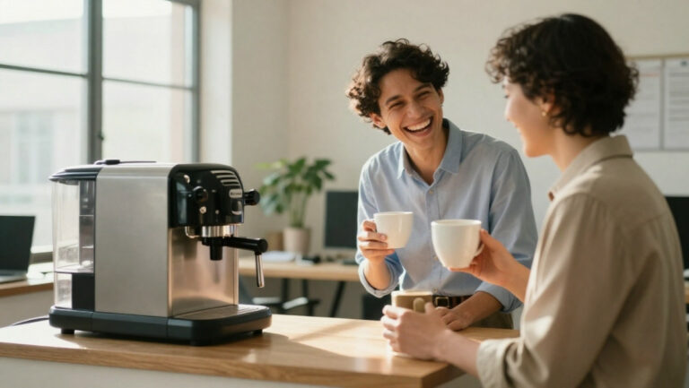 Collègues partageant un moment de rire et une blague autour d'une machine à café au bureau, illustrant l'humour de la pause café.
