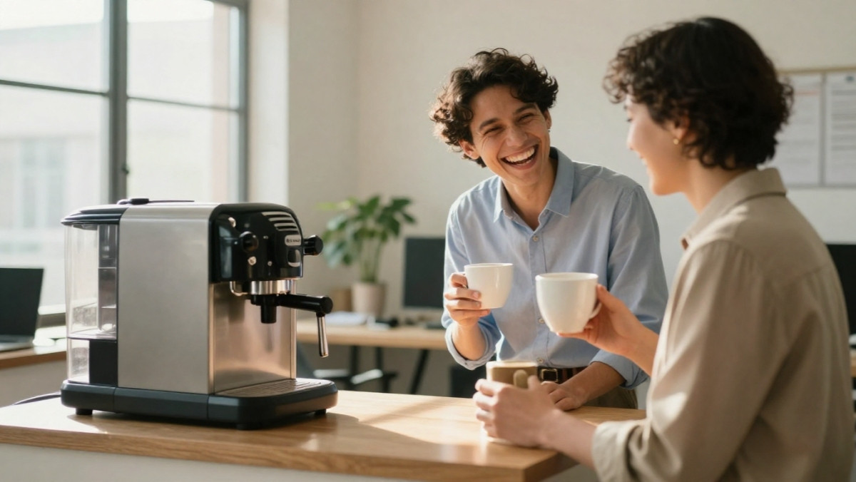 Collègues partageant un moment de rire et une blague autour d'une machine à café au bureau, illustrant l'humour de la pause café.