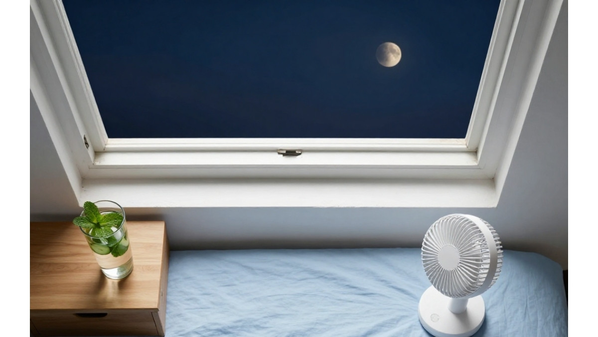 Essentiels pour rafraîchir sa chambre la nuit : draps en lin, verre d'eau fraîche à la menthe et ventilation naturelle