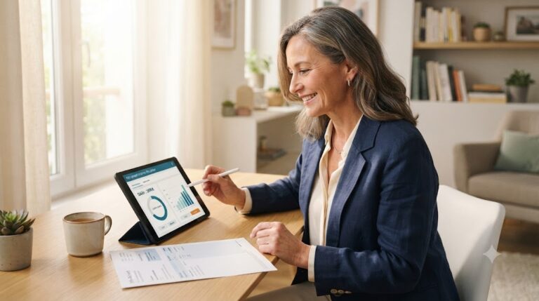 Retraité consultant un simulateur de retraite sur une tablette pour optimiser ses revenus de fin de carrière