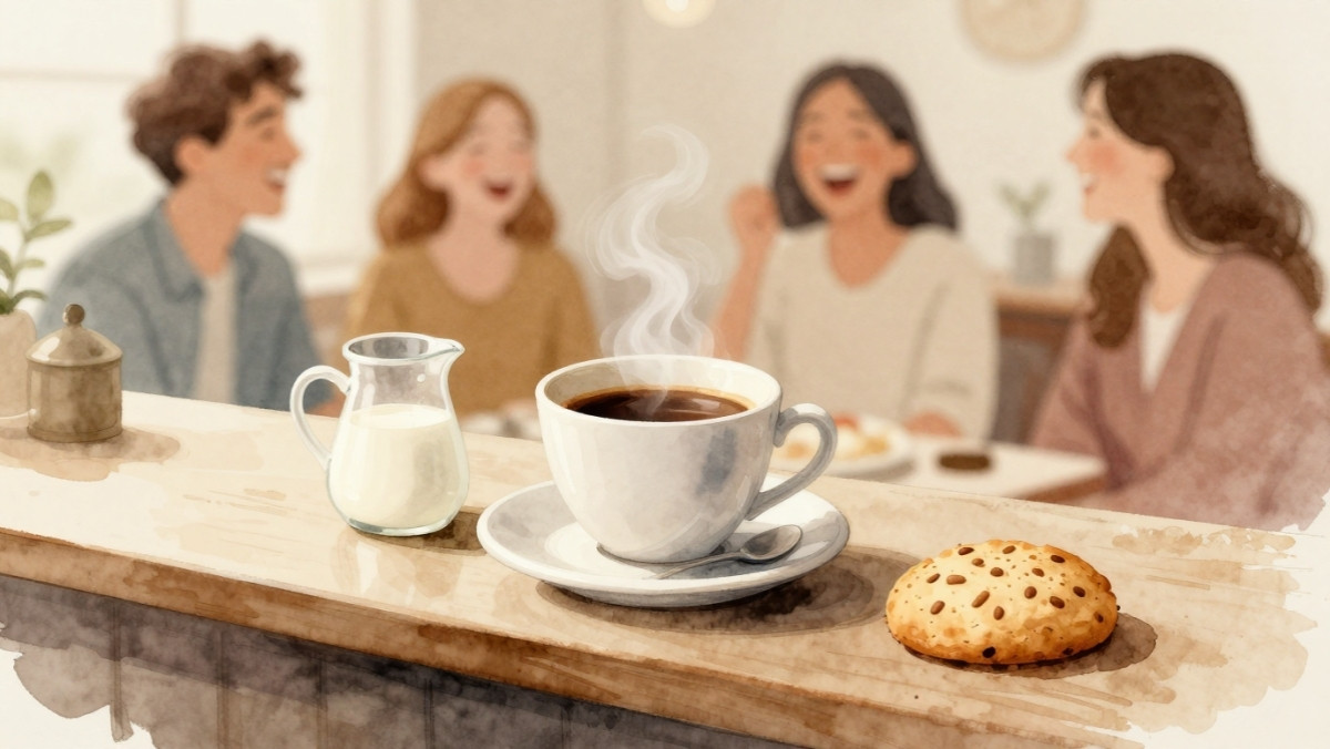 Grand-mère et petit-fils partageant un fou rire autour d'une tasse de café fumante et de biscuits faits maison, illustrant la rubrique humour et pause café.