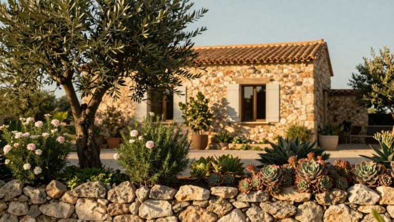 Olivier, romarin et joubarbe sur un muret en pierre sèche - exemples de plantes coupe-feu et résistantes à la sécheresse pour protéger une maison