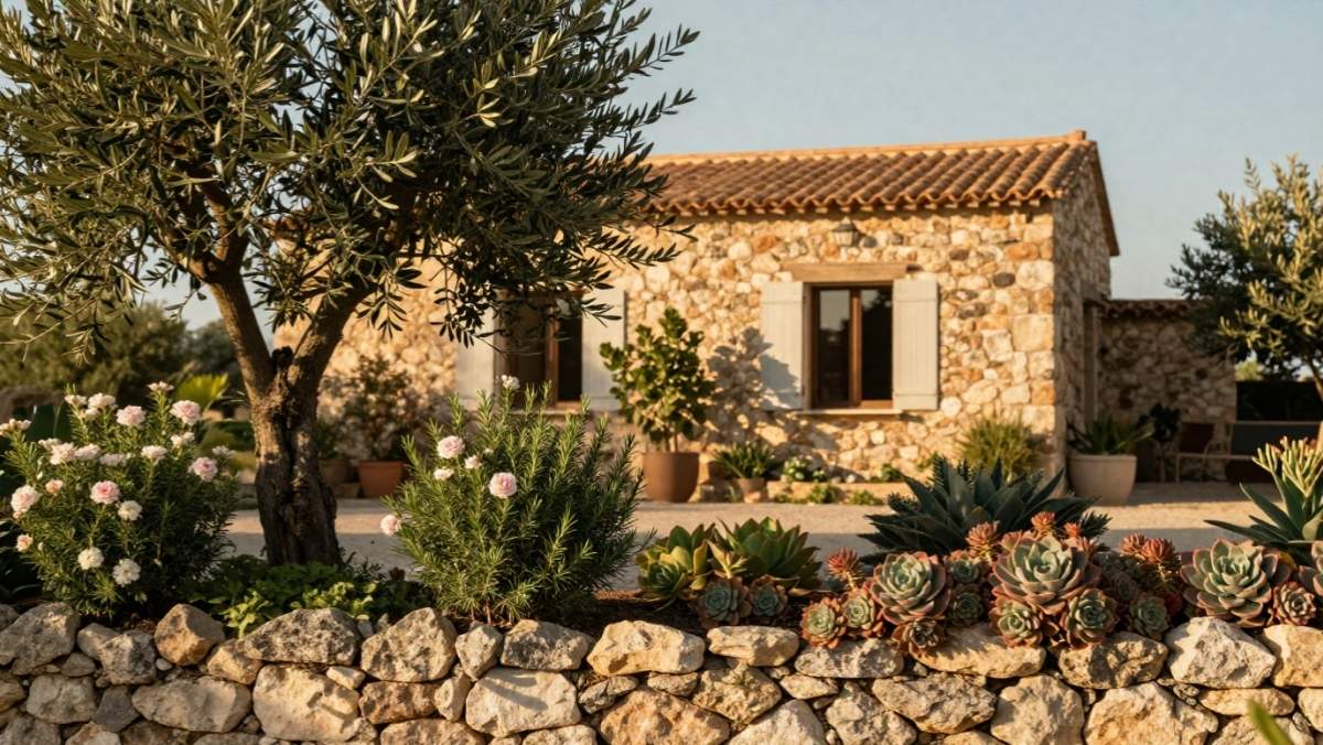 Olivier, romarin et joubarbe sur un muret en pierre sèche - exemples de plantes coupe-feu et résistantes à la sécheresse pour protéger une maison