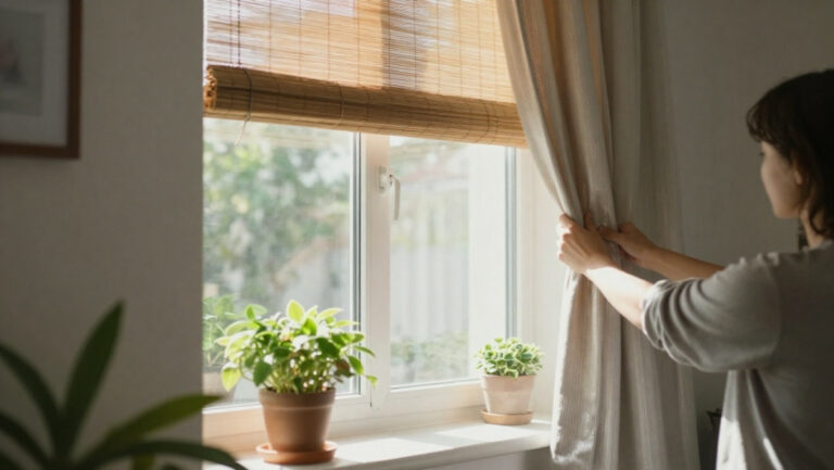 Astuce pour protéger une fenêtre du soleil en été : store extérieur en bambou, rideau thermique clair et plantes sur le rebord pour bloquer la chaleur