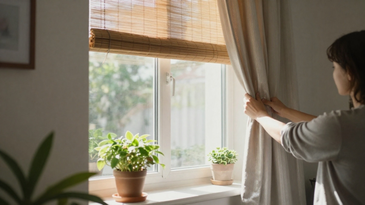 Astuce pour protéger une fenêtre du soleil en été : store extérieur en bambou, rideau thermique clair et plantes sur le rebord pour bloquer la chaleur