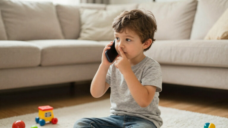 Petit garçon de 3 ans chuchotant au téléphone - illustration blague enfant et humour familial sur les confidences téléphoniques
