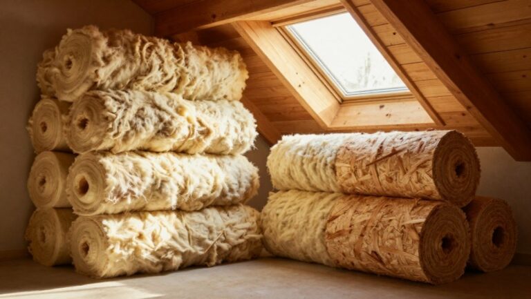 Rouleaux de laine de mouton et panneaux de fibres de bois pour une rénovation énergétique maison durable sous les combles.
