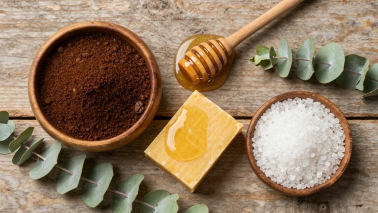 Ingrédients naturels pour soins du corps, marc de café et cire d'abeille