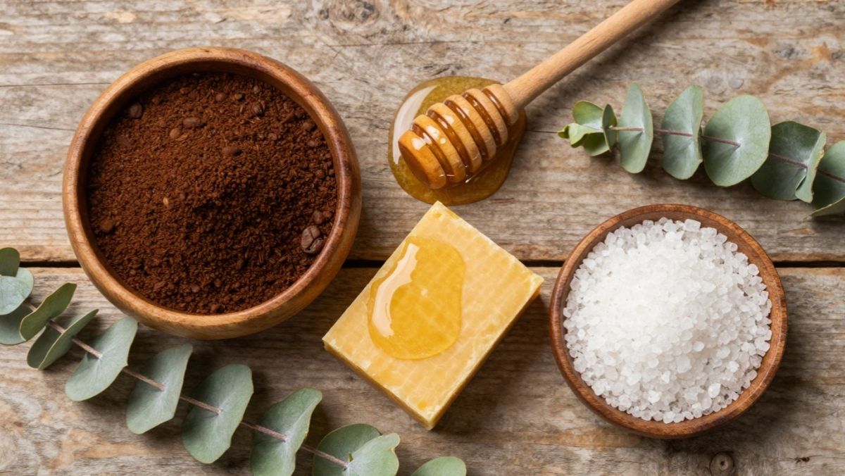 Ingrédients naturels pour soins du corps, marc de café et cire d'abeille