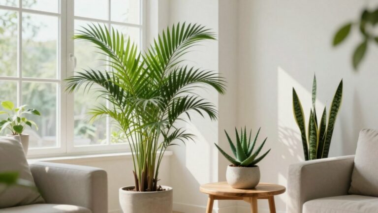 Plantes d'intérieur qui rafraîchissent l'air naturellement : palmier d'Arec, aloe vera et sansevière dans un salon lumineux en été