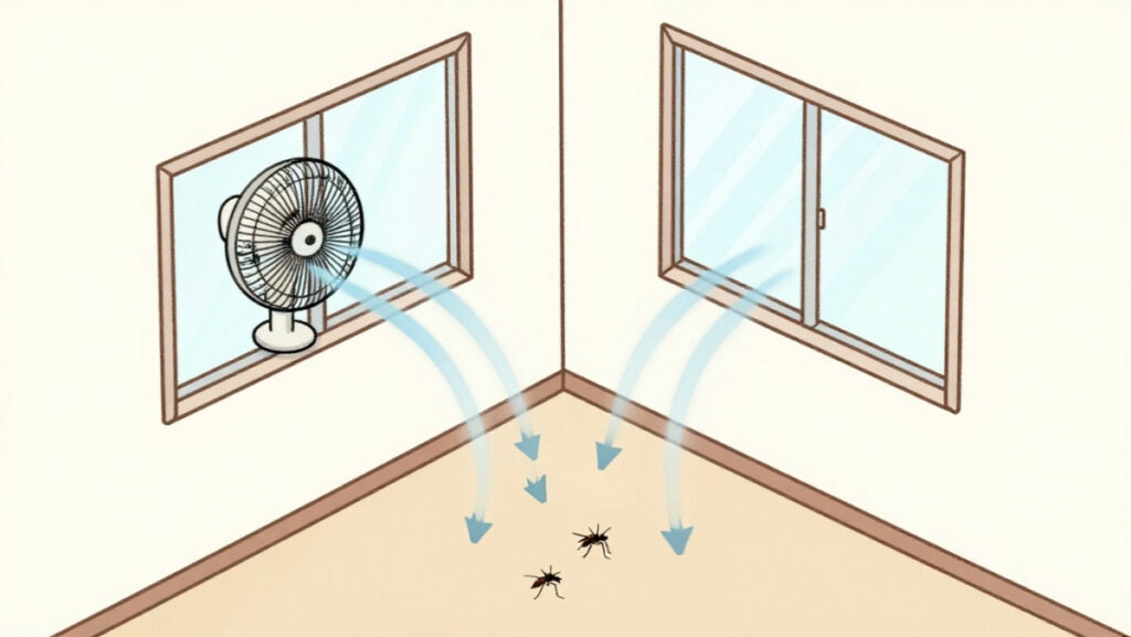 Schéma illustrant le placement idéal d'un ventilateur pour un flux d'air optimal dans une pièce