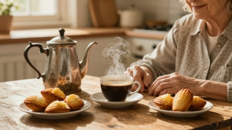 Tasse de café fumante et madeleines sur une table en bois rustique, illustrant une pause café chaleureuse et les blagues de grand-mère pour rire au quotidien.
