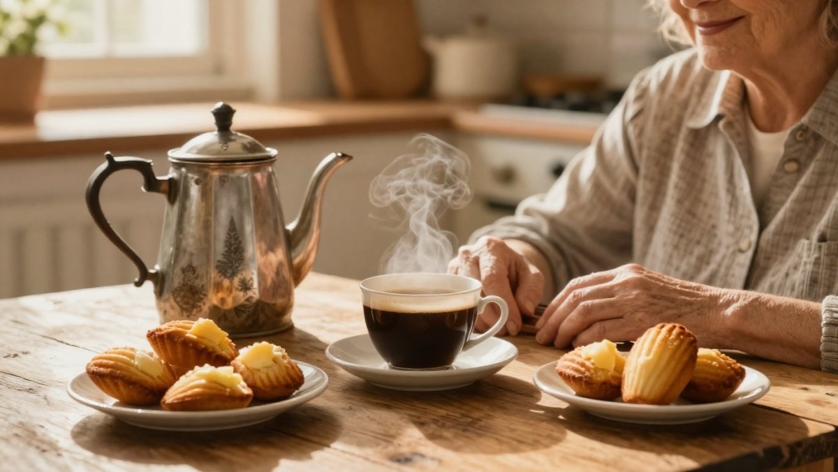 Tasse de café fumante et madeleines sur une table en bois rustique, illustrant une pause café chaleureuse et les blagues de grand-mère pour rire au quotidien.