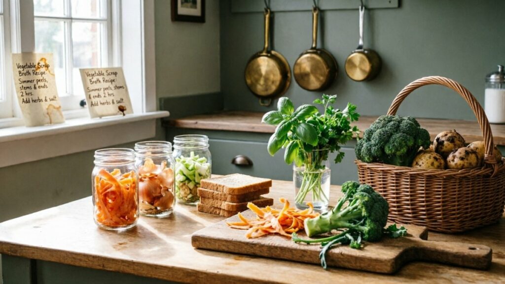 Cuisine de grand-mère avec bocaux d'épluchures de légumes pour bouillon, pain de la veille, herbes fraîches, panier d'osier et recettes anti-gaspi manuscrites - astuces pour ne plus rien jeter et économiser son budget alimentaire en 2026