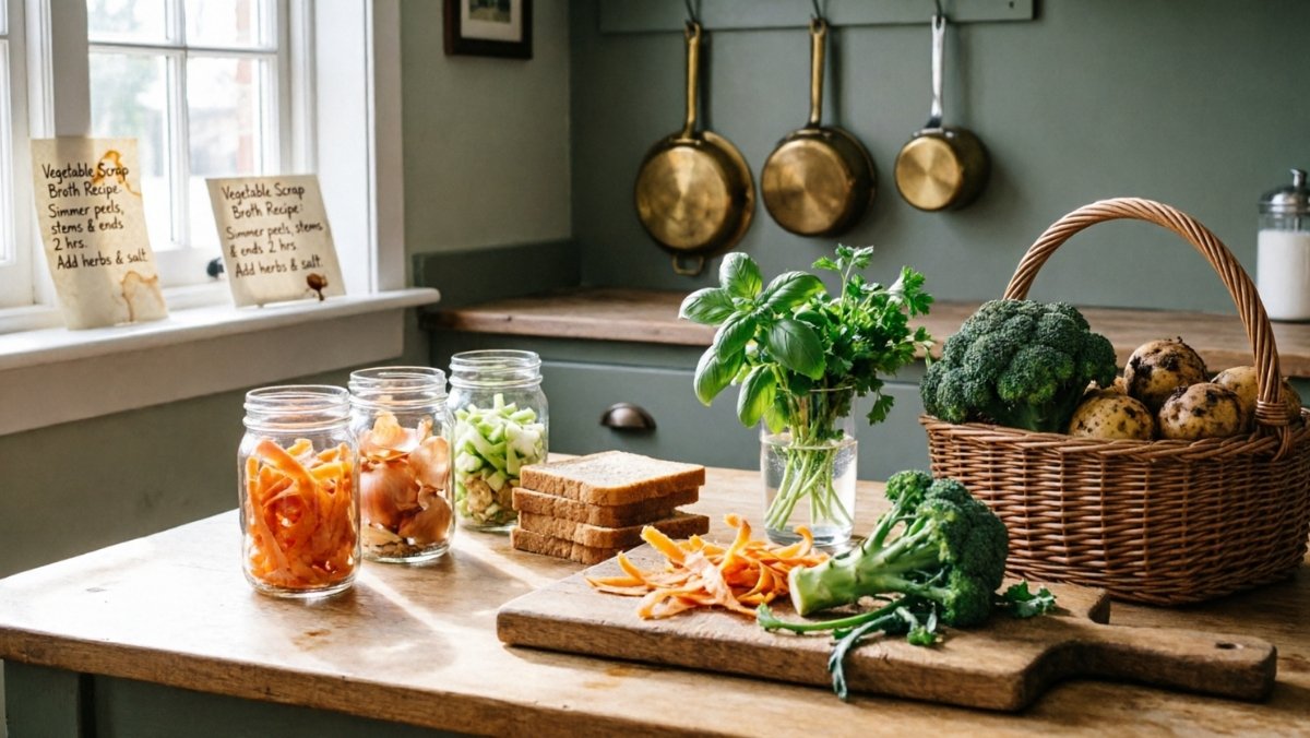 Cuisine de grand-mère avec bocaux d'épluchures de légumes pour bouillon, pain de la veille, herbes fraîches, panier d'osier et recettes anti-gaspi manuscrites - astuces pour ne plus rien jeter et économiser son budget alimentaire en 2026