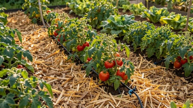 Arrosage jardin économie eau : système goutte-à-goutte et paillage naturel pour potager résistant à la sécheresse.
