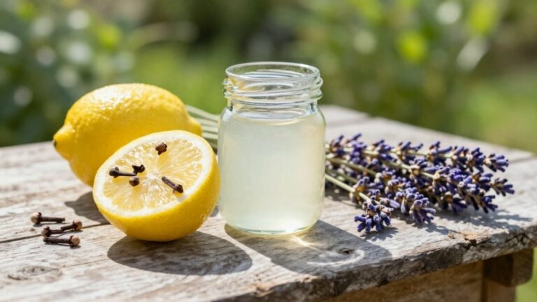 Demi-citron piqué de clous de girofle sur une table de jardin en bois, illustrant une astuce naturelle et écologique de grand-mère pour éloigner les moustiques et les mouches en été.