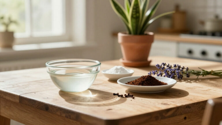 Bol de vinaigre blanc, bicarbonate et marc de café sur table en bois - astuce naturelle pour enlever l'odeur de fumée dans la maison