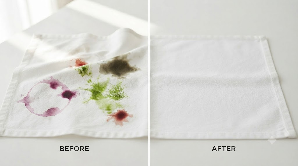 Comparaison avant et après détachage naturel sur tissu blanc : à gauche tissu avec taches de vin rouge, herbe, gras et sang, à droite le même tissu parfaitement propre après traitement aux détachants naturels (savon de Marseille, bicarbonate, vinaigre blanc)