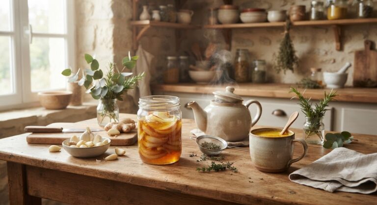 Table de cuisine en bois avec sirop oignon-miel, infusion de thym et ingrédients naturels pour soulager le rhume