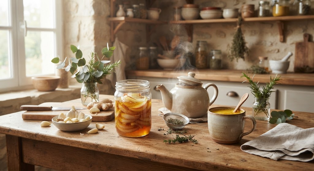 Table de cuisine en bois avec sirop oignon-miel, infusion de thym et ingrédients naturels pour soulager le rhume
