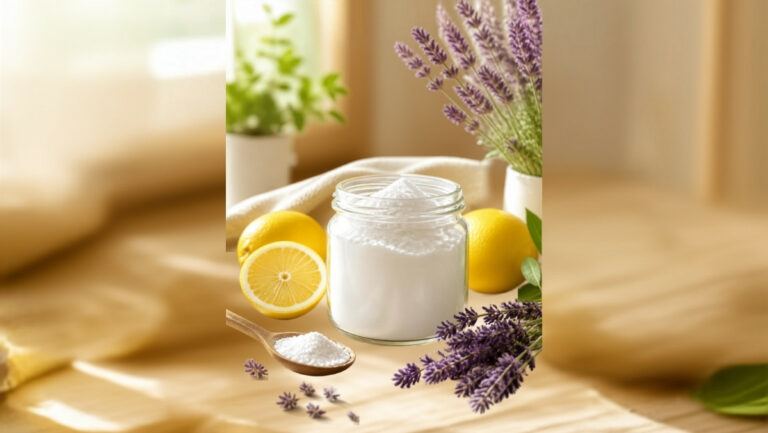 Pot en verre de bicarbonate de soude avec cuillère en bois, citrons frais et lavande sur table en bois clair, illustrant le nettoyage écologique et naturel de la maison avec du bicarbonate.