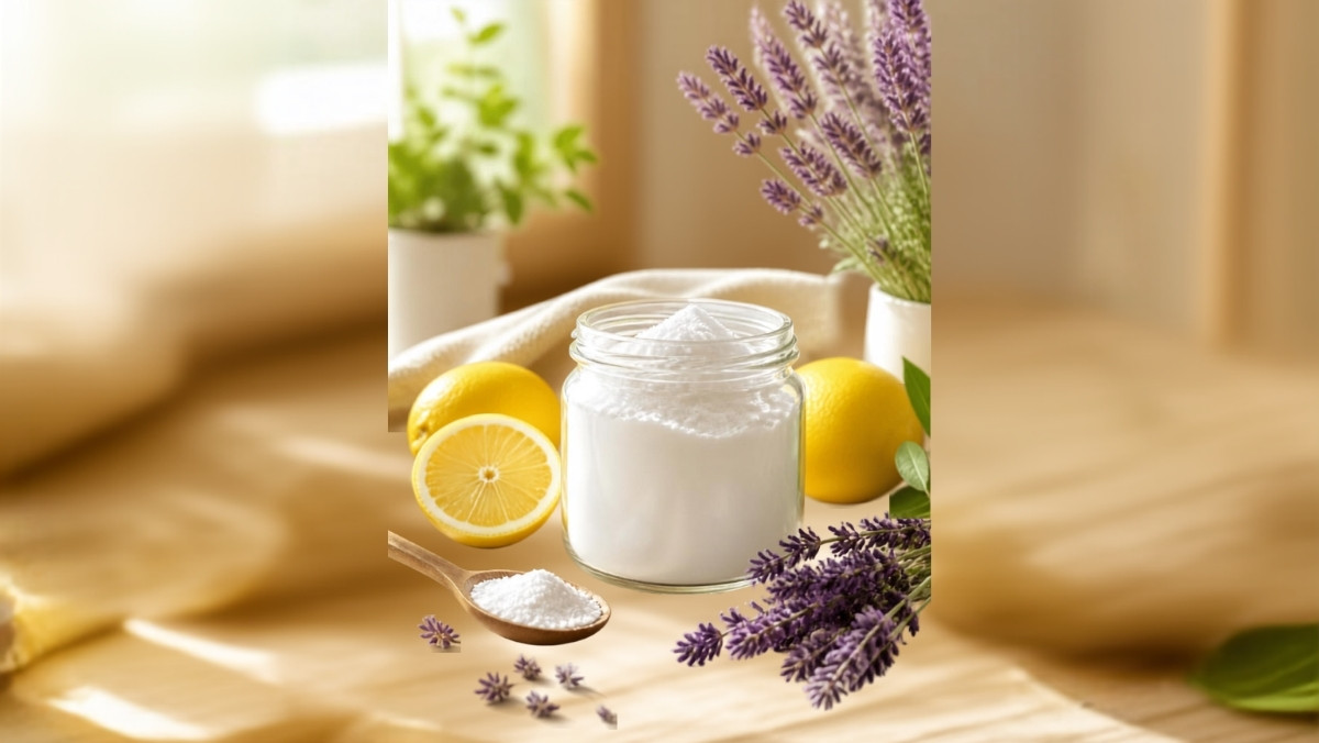 Pot en verre de bicarbonate de soude avec cuillère en bois, citrons frais et lavande sur table en bois clair, illustrant le nettoyage écologique et naturel de la maison avec du bicarbonate.