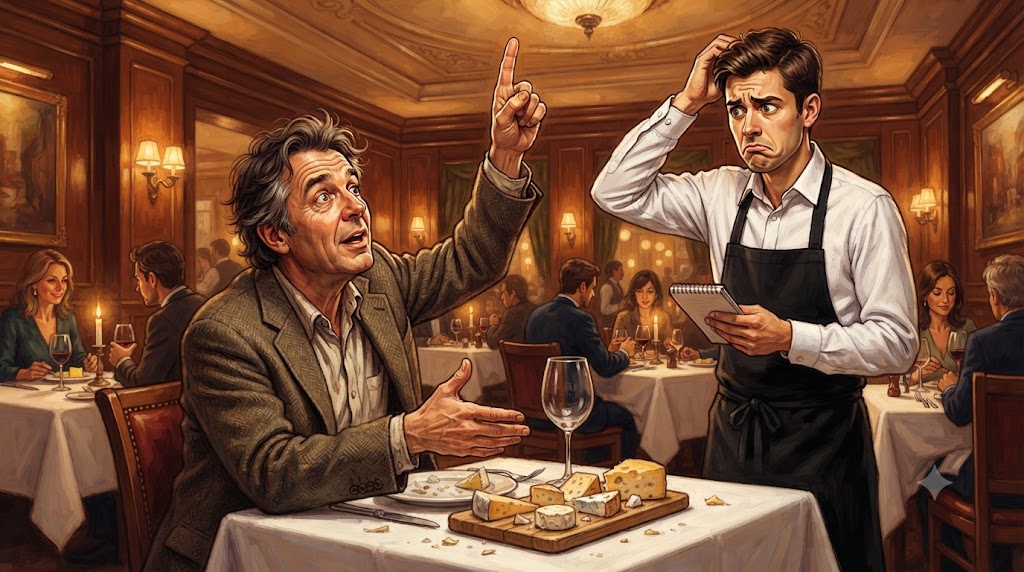 Homme (Albert Vanderpenne) dans un restaurant gesticulant dramatiquement en faisant une référence biblique inventée sur le rompi, serveur complètement perplexe et sceptique, illustrant la chute hilarante de la blague sur Jésus-Christ et le rompi.
