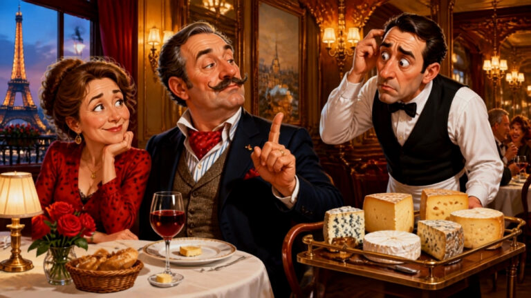 Homme d'âge moyen (Albert Vanderpenne) avec accent du Nord assis dans un restaurant parisien avec sa femme Janik, serveur tenant un chariot de fromages avec expression confuse, illustrant la blague humoristique sur le rompi et le quiproquo régiona