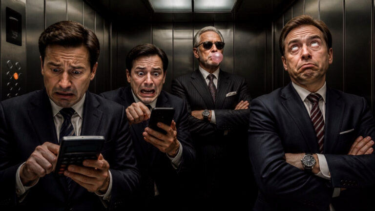 Trois cadres paniqués (finance, marketing, RH) dans un ascenseur en panne, contrastant avec un PDG calme mâchant un chewing-gum, illustrant la blague humoristique sur le management et le lundi matin en entreprise.