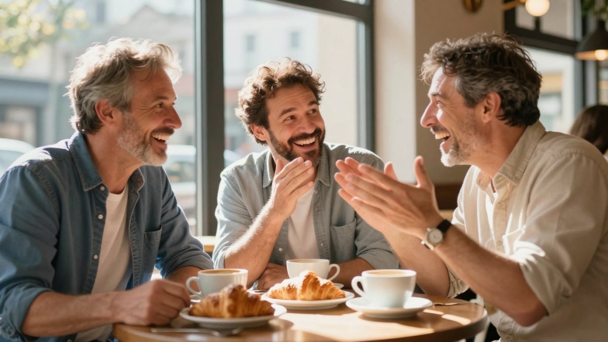 Amis riant ensemble au café - blague humoristique sur la vie de couple et l'autorité à la maison