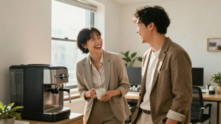 Collègues partageant un moment de rire et une blague autour d'une machine à café au bureau, illustrant l'humour de la pause café.