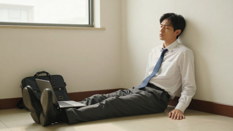 Un employé utilisant la technique du lézard sur un carrelage frais pour illustrer le canicule humour et la chaleur intense au bureau.