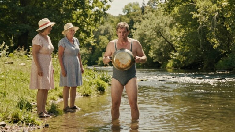 Un homme se cachant derrière une poêle dans une rivière, illustrant une blague sur le canicule humour.